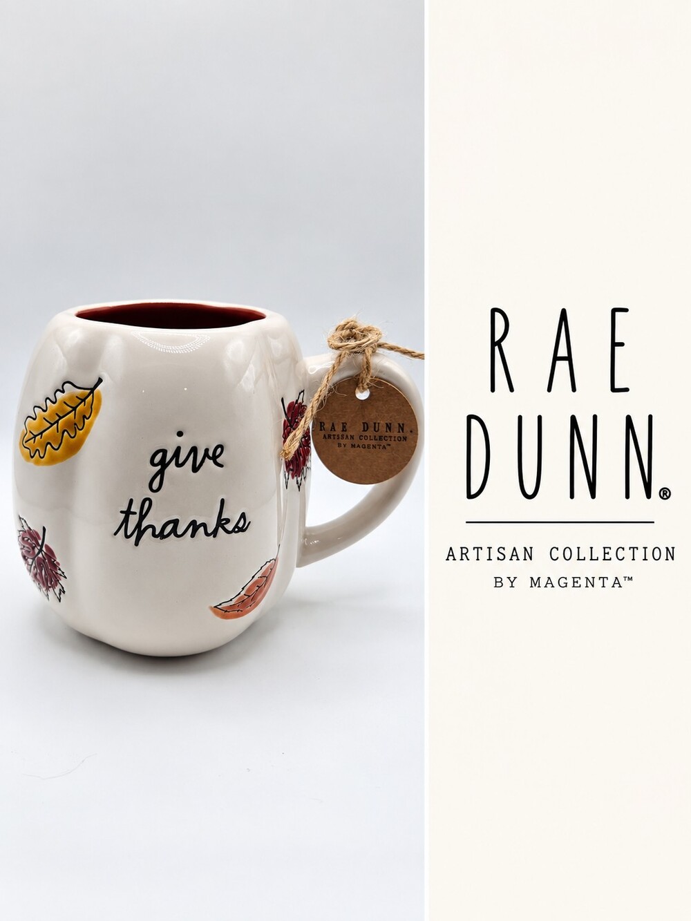 Rae Dunn Give Thanks Pumpkin Shaped Fall Leaves Mug Artisan Collection NWT